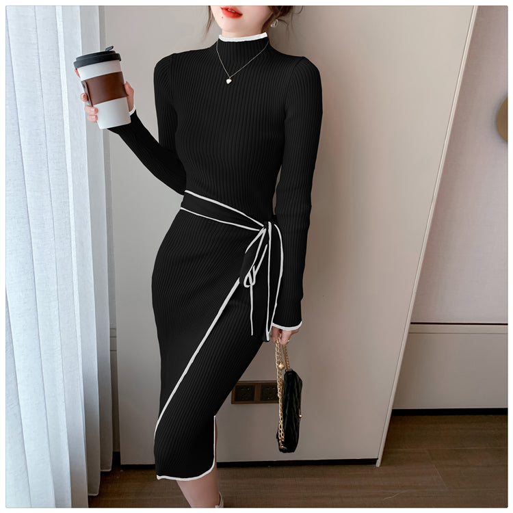 Women Knitted Dress New Slim Lace-Up Long Sleeve Bottoming Sweater Skirt Elegant Fashion Office Female