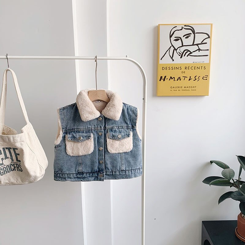 Winter Girls-Boys Thick Warm Fleece Waistcoat Baby Kids Children Jeans Denim Vest