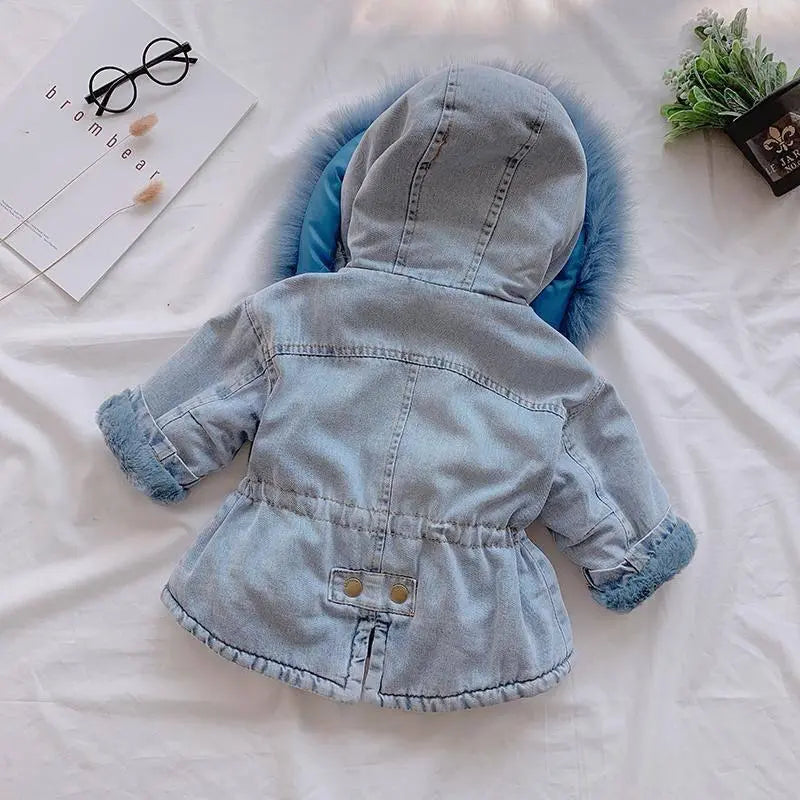 Baby Girls Coats Clothes Winter Denim Jackets With Fur Hooded Coats For Girls Cotton Thicken