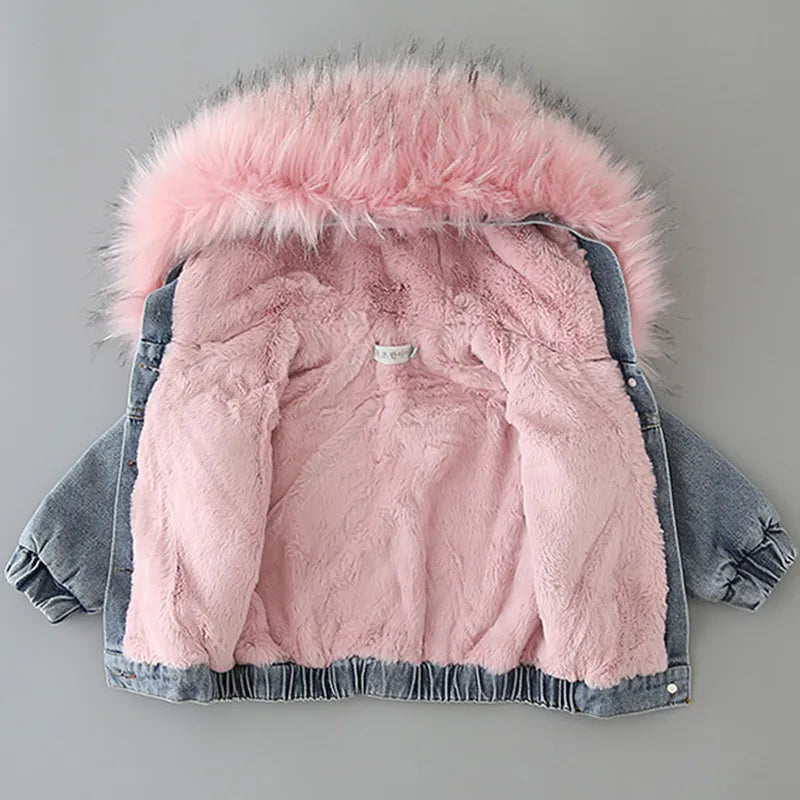 Baby Girls Coats Clothes Winter Denim Jackets With Fur Hooded Coats For Girls Cotton Thicken