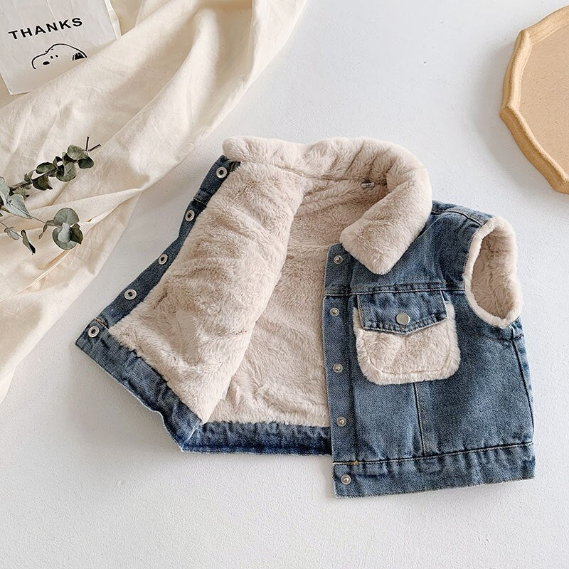Winter Girls-Boys Thick Warm Fleece Waistcoat Baby Kids Children Jeans Denim Vest