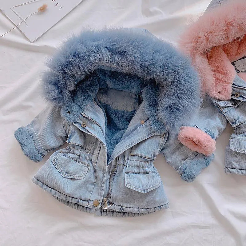 Baby Girls Coats Clothes Winter Denim Jackets With Fur Hooded Coats For Girls Cotton Thicken