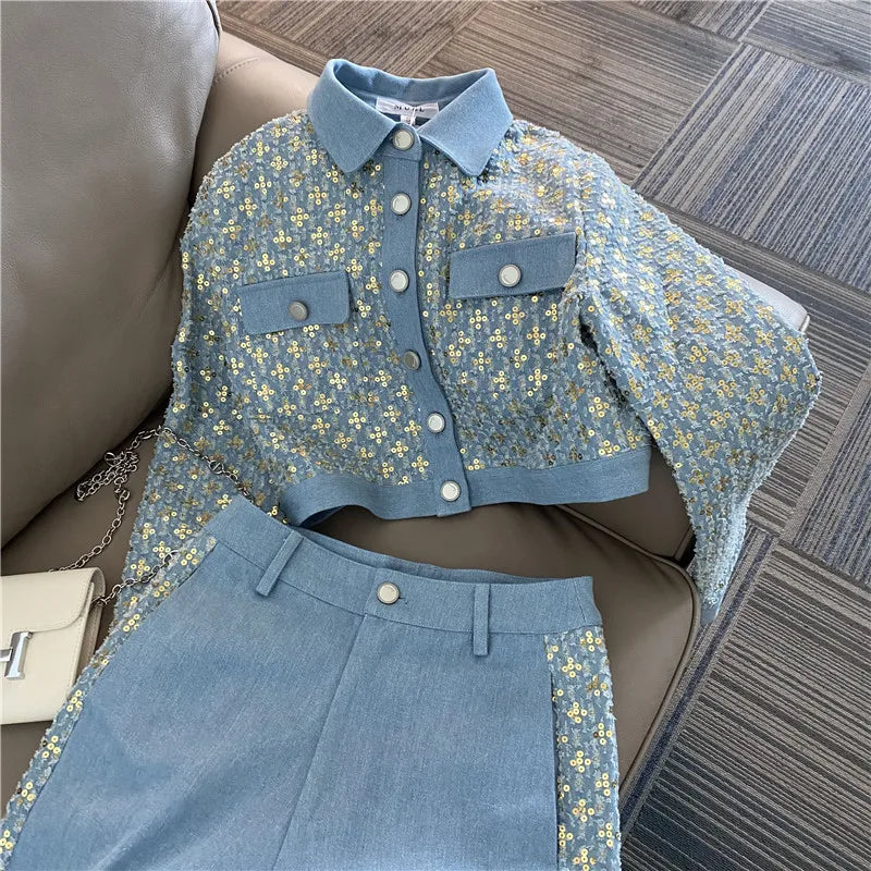 High Quality Sequined Embroidery Denim Two Piece Set Women