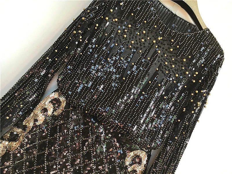 Birthday Party New Women's Fashion Heavy Craft Nail Bead Long Sleeve Sequin Shirt With Buttocks And Skirt 2pcs Set