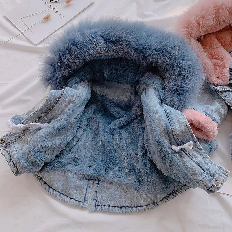 Baby Girls Coats Clothes Winter Denim Jackets With Fur Hooded Coats For Girls Cotton Thicken