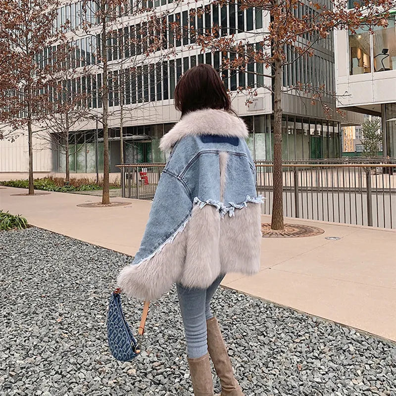 Women Winter Denim Jacket Oversize Large Fur Collar Plus