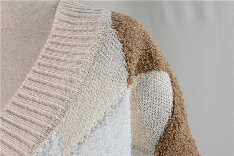 Colorfaith Plaid Chic Cardigans Button Puff Sleeve Checkered Oversized Women's Sweaters Winter Spring Sweater Tops