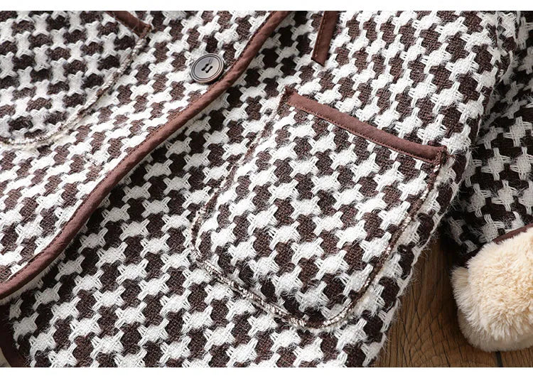 Kids Girl Overcoat Winter New Fashion Houndstooth Wool Coat for Girls Teens Autumn Jacket Warm Long Outerwear Children Windproof