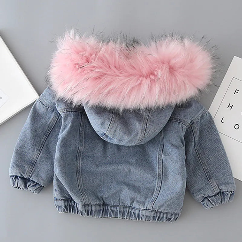 Baby Girls Coats Clothes Winter Denim Jackets With Fur Hooded Coats For Girls Cotton Thicken