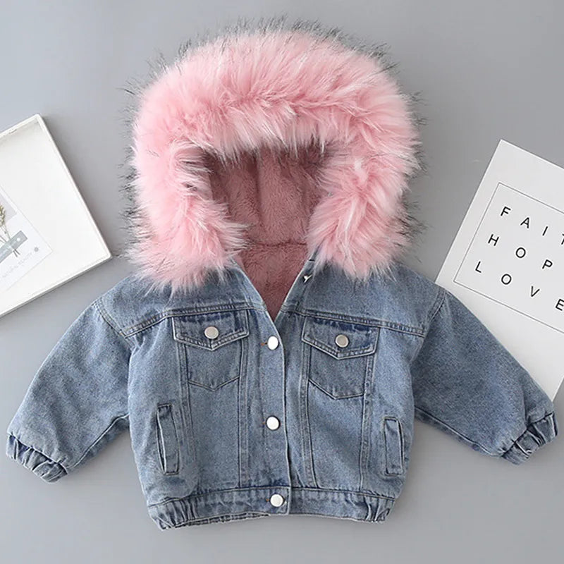 Baby Girls Coats Clothes Winter Denim Jackets With Fur Hooded Coats For Girls Cotton Thicken