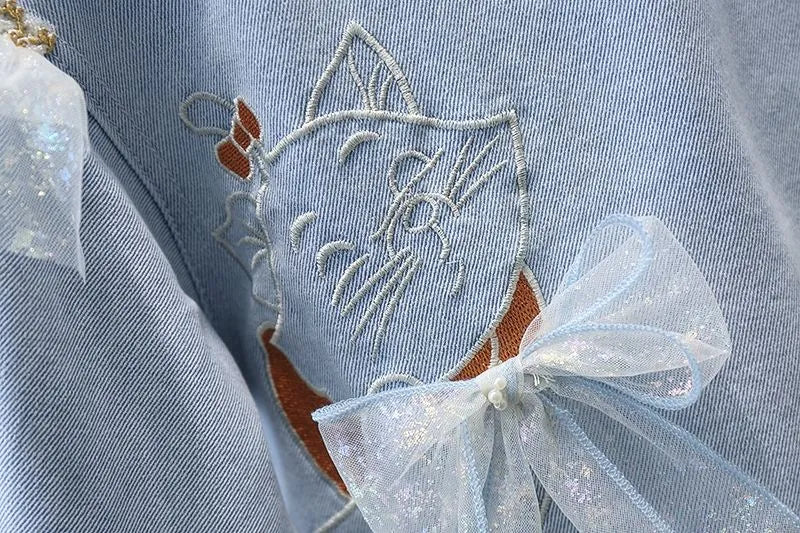 Fashion Girls Denim Jacket Falbala Full Sleeve Cartoon Cat Embroidery Casual Toddler Girl Lace Bow Jean Tops Outwear
