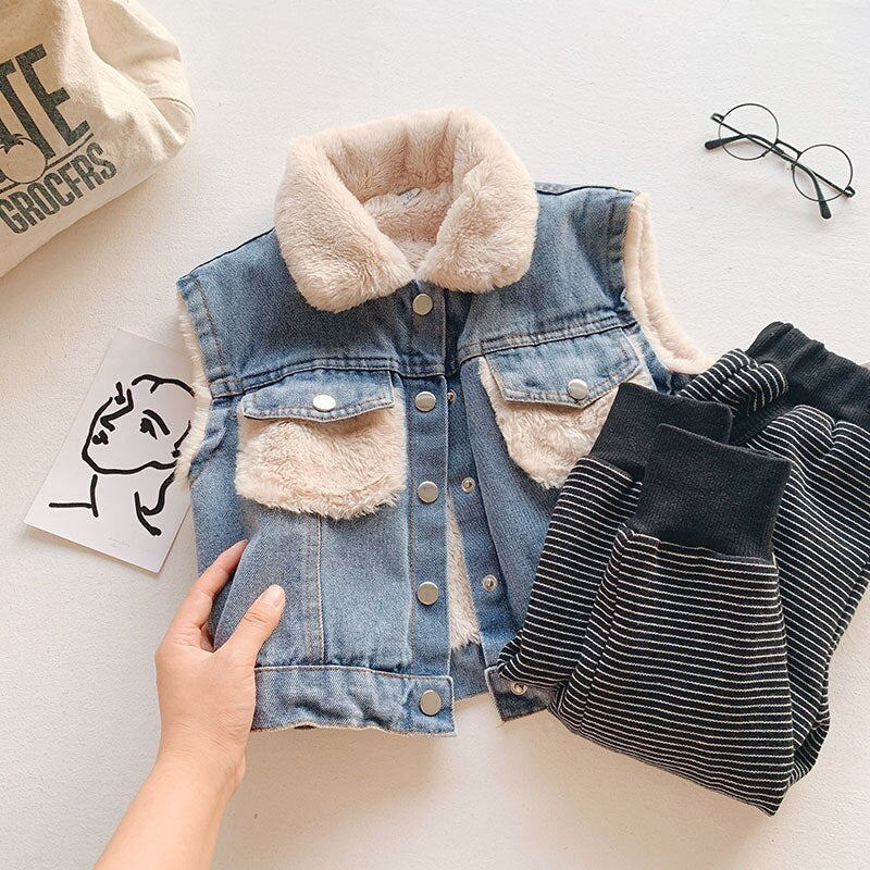 Winter Girls-Boys Thick Warm Fleece Waistcoat Baby Kids Children Jeans Denim Vest