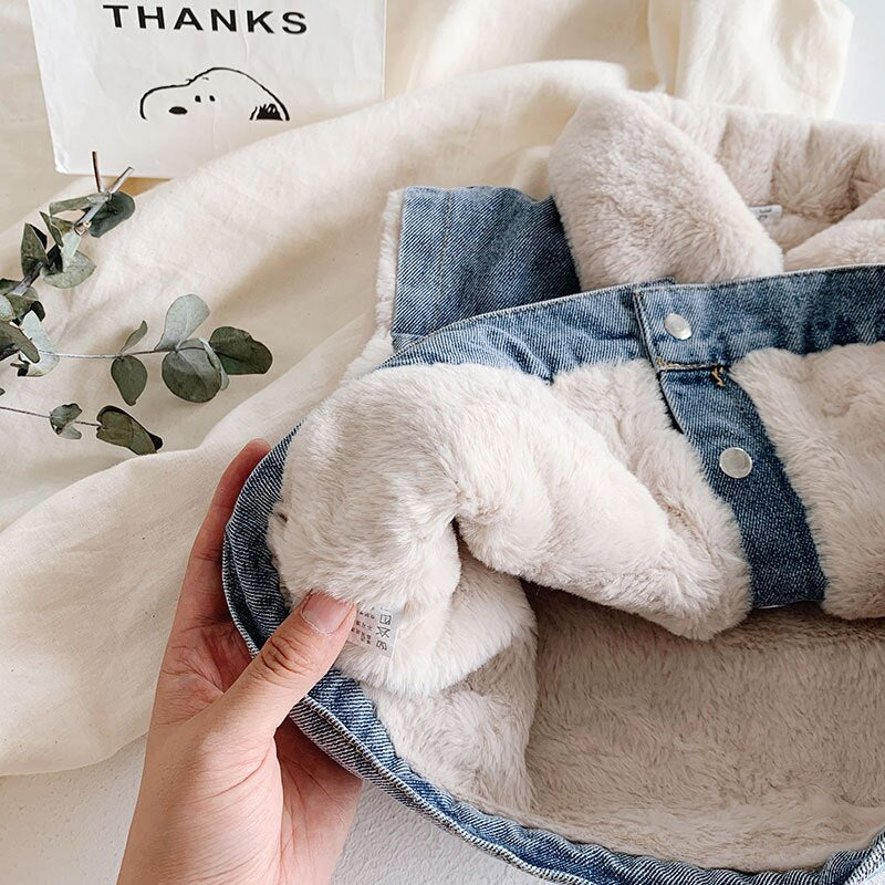 Winter Girls-Boys Thick Warm Fleece Waistcoat Baby Kids Children Jeans Denim Vest