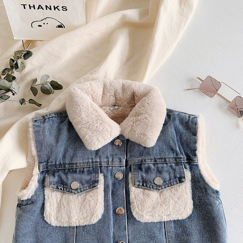 Winter Girls-Boys Thick Warm Fleece Waistcoat Baby Kids Children Jeans Denim Vest