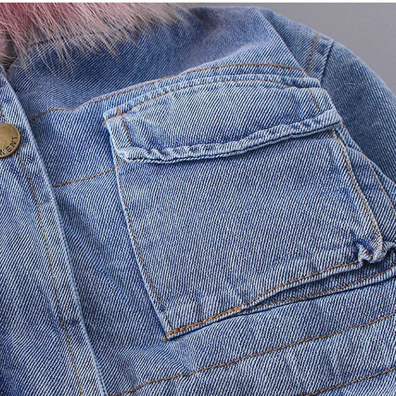 Baby Girls Coats Clothes Winter Denim Jackets With Fur Hooded Coats For Girls Cotton Thicken