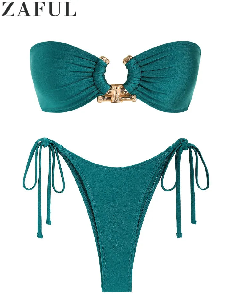 Solid O Ring Swimsuit For Women Tie Side Shiny Metal Hardware Ring Bandeau Bikini Swimwear Padded Bra Top Low Waisted