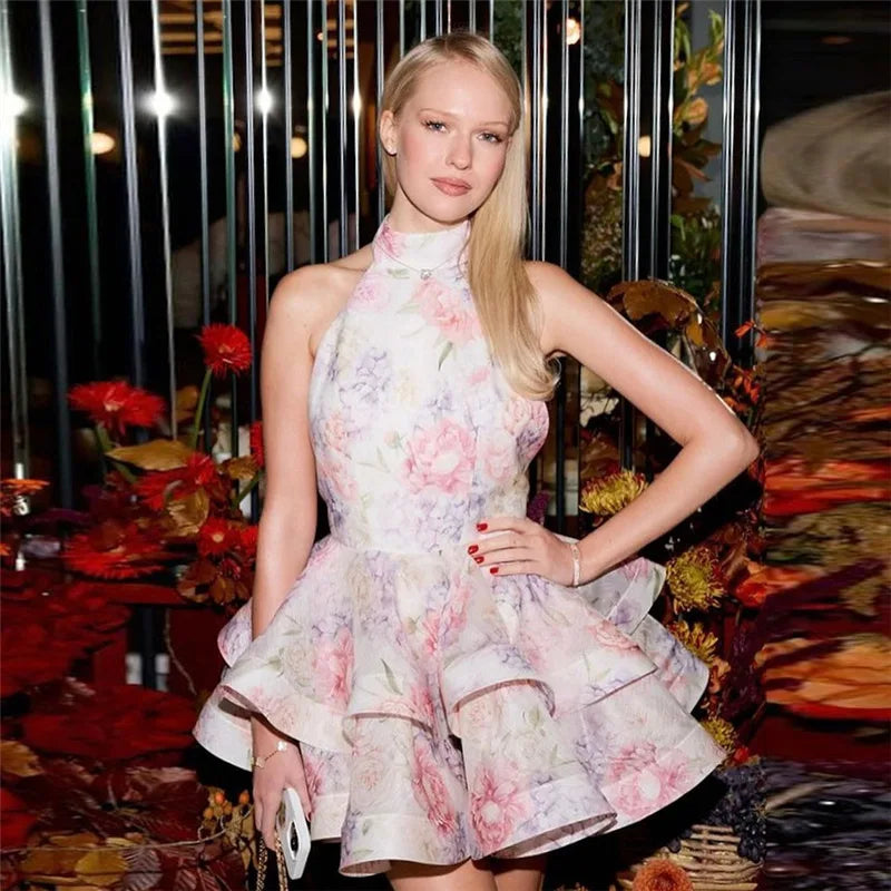 Pink Flower Print Mini Dress for Women Sexy Halter Backless Party Dresses Summer 2025