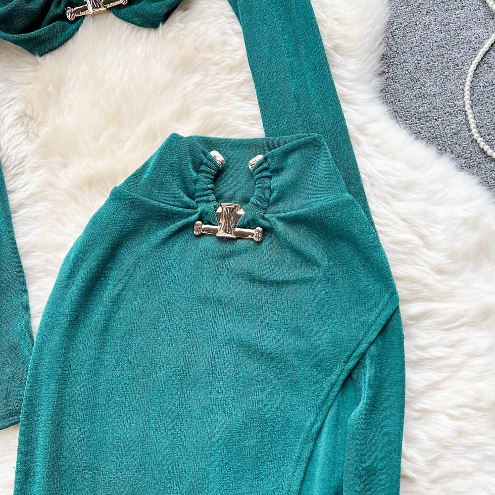 Women Sexy 2 Piece Set Fashion Collar Long Sleeve Crop Top + Elastic Waist High Slit Long Skirt Suits