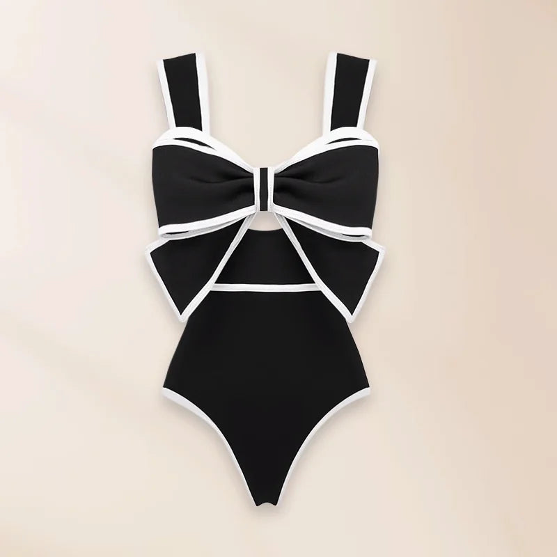 New Swimsuit High-end Niche Design Black and White Bow Slimming Holiday Sexy Hot Spring One Piece Swimsuit for Women