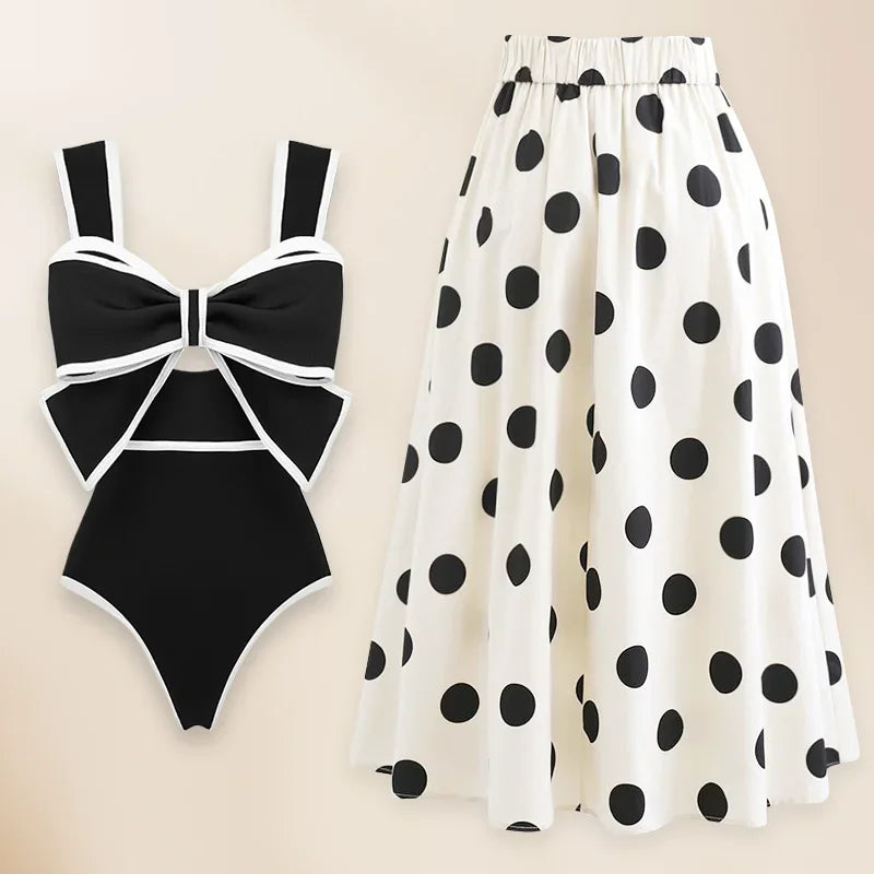 New Swimsuit High-end Niche Design Black and White Bow Slimming Holiday Sexy Hot Spring One Piece Swimsuit for Women