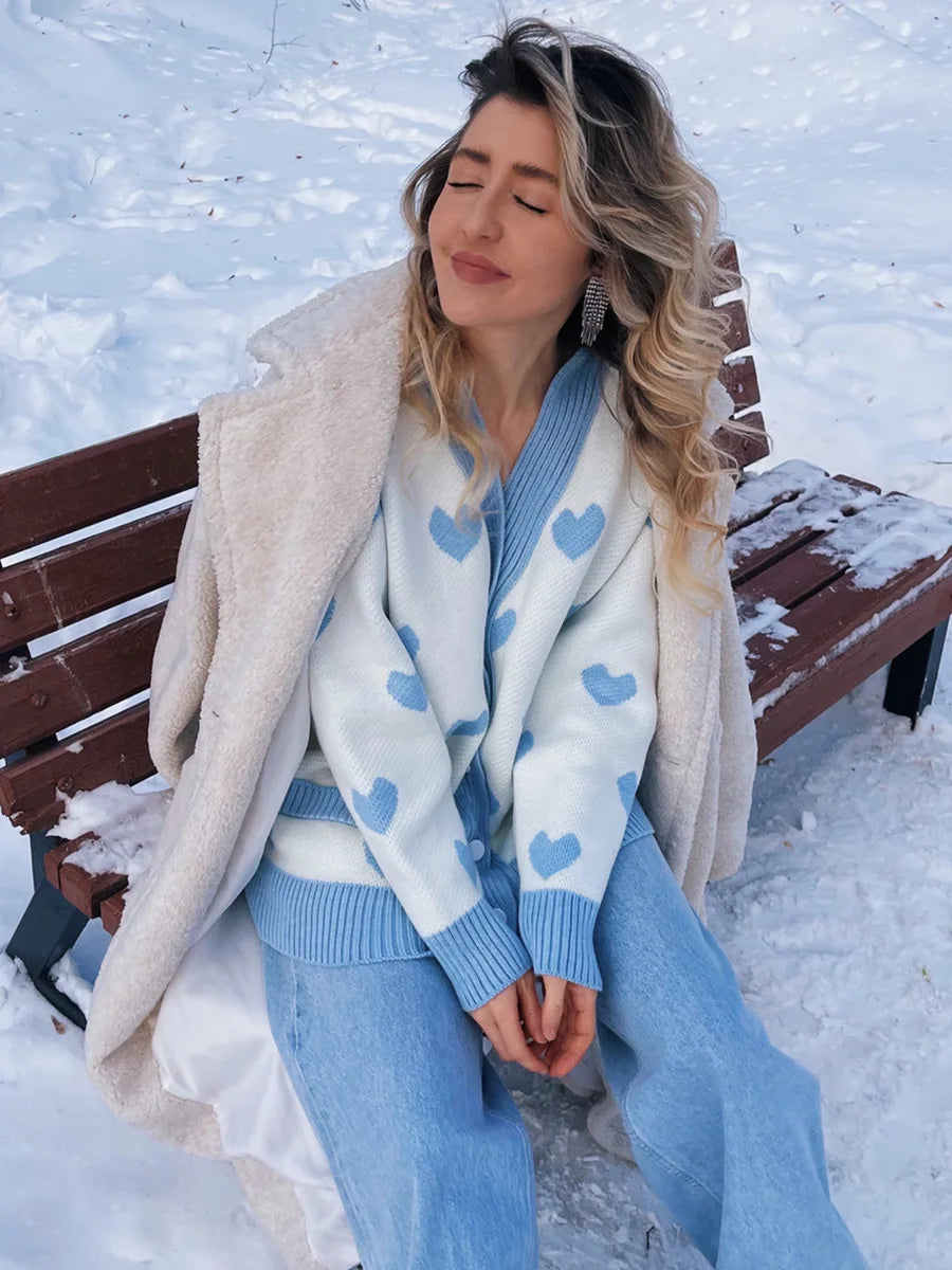 Women Cardigan Love Print Knitted Sweater Female Sweet Fashion Long Sleeve Knitwear Lady Elegant.