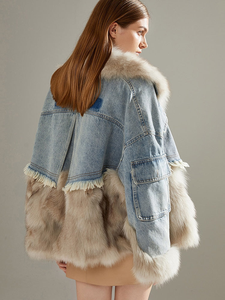 Women Winter Denim Jacket Oversize Large Fur Collar Plus