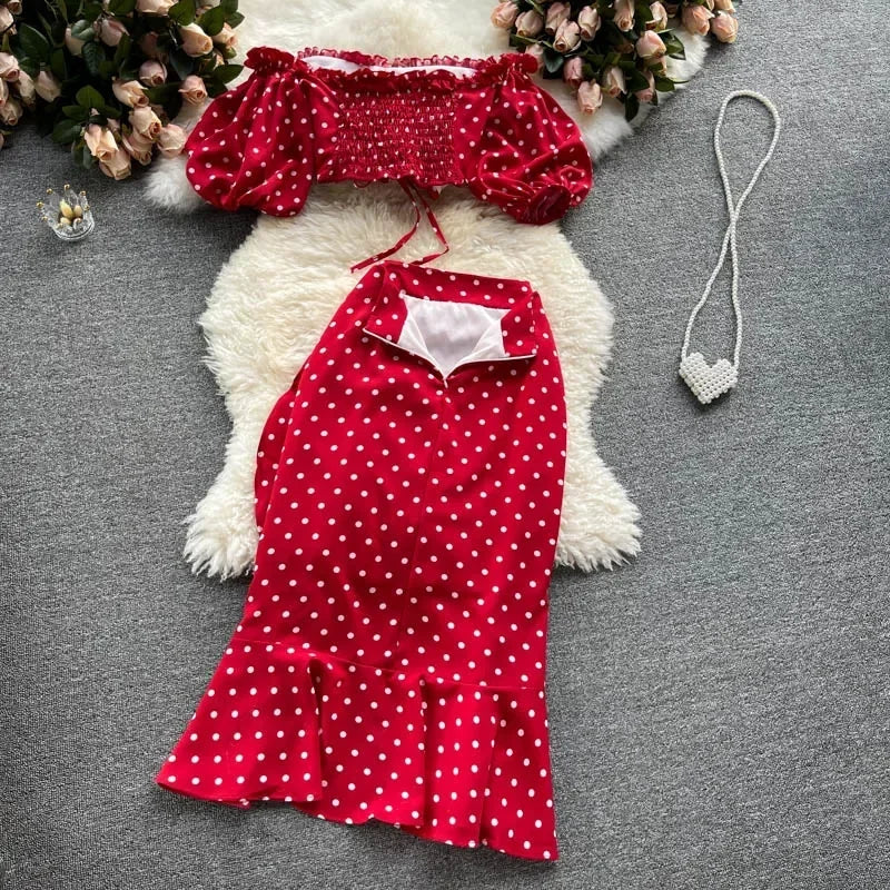 Women Summer Dot Vacation Set Elastic Ruched Puff Sleeve Short Tops+Irregular Ruffle Long Skirt Two Piece Suits