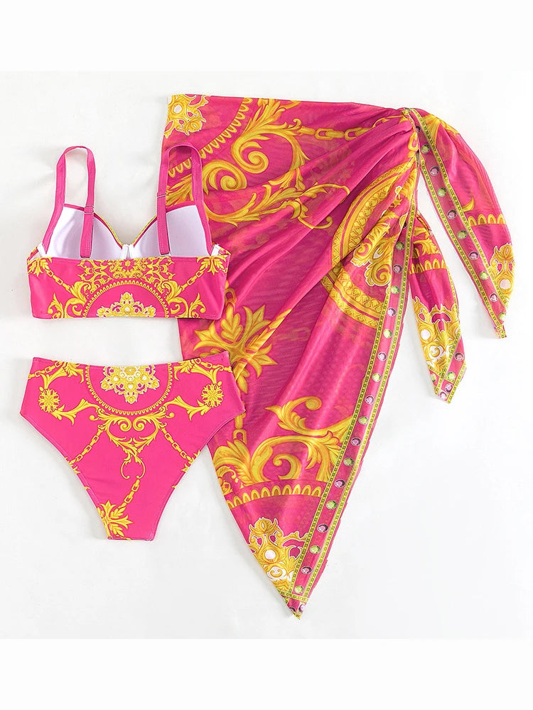 Sexy Print 3 Piece High Waist Skirt Bikini Set Swimwear Women Strapped Push UP Swimsuit Summer Bathing Suit