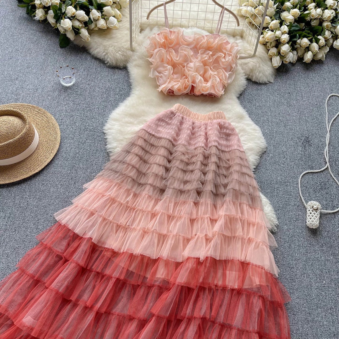 Women Mesh Sheer Bikini Cover-ups Set Camis Crop Tops and Cake Ruffles Long Skirts Two Piece Swimwear Beach Dresses