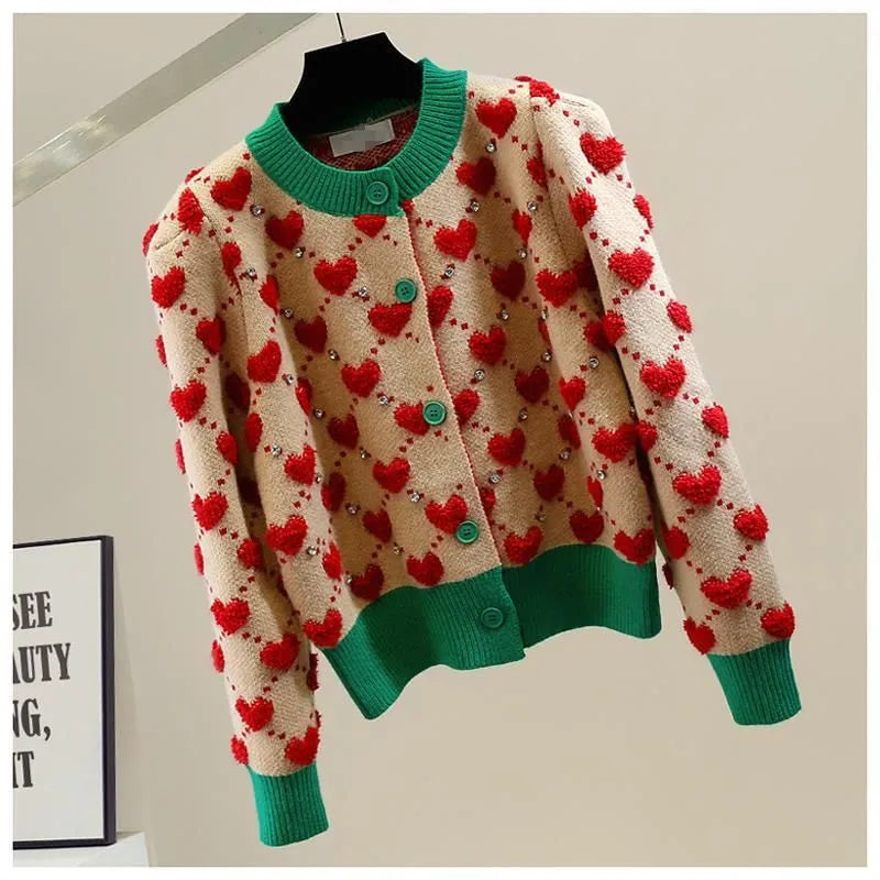 Heart Argyle Diamonds O-Neck High Street Kawaii Knitted Women's Sweaters Long Sleeve Buttons Short Jumpers Female Cardigans