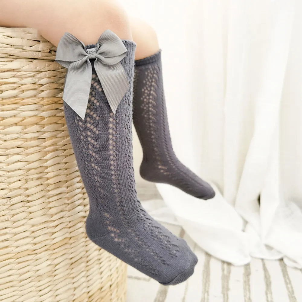 Summer Kids Knee High Socks Baby Girls Boys Bow Long Sock Soft Cotton Mesh Breathable Children Hollow Out Socken For 0-7 Years