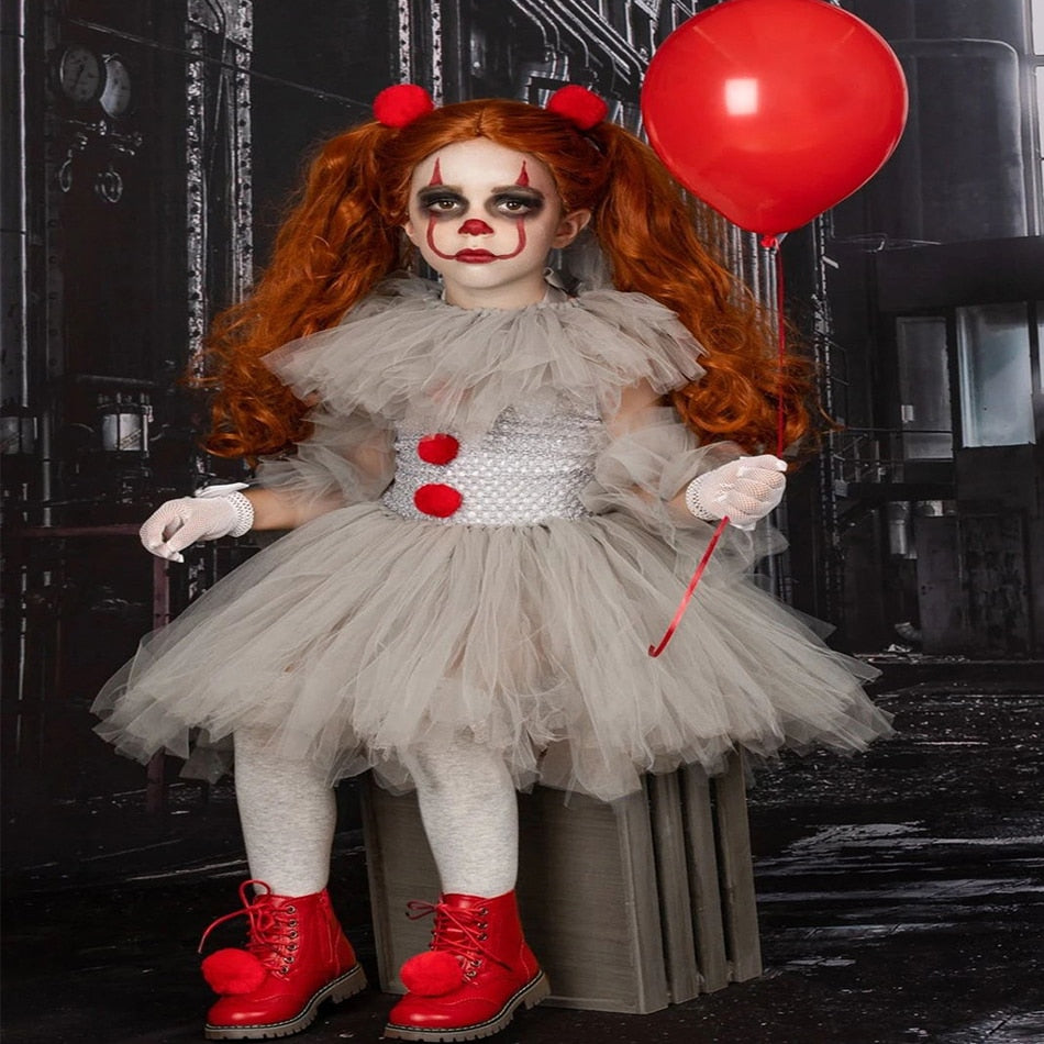 Halloween Costume For Kids Gray Girls Tutu Scary Clown Costume Girl 2-12Y