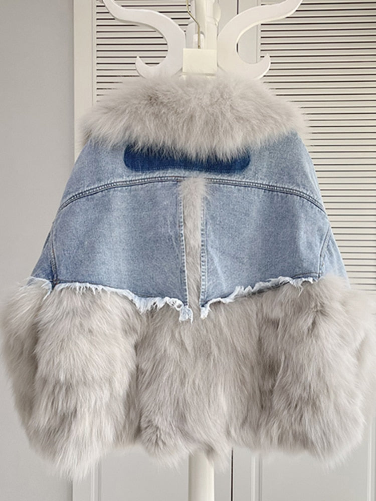 Women Winter Denim Jacket Oversize Large Fur Collar Plus
