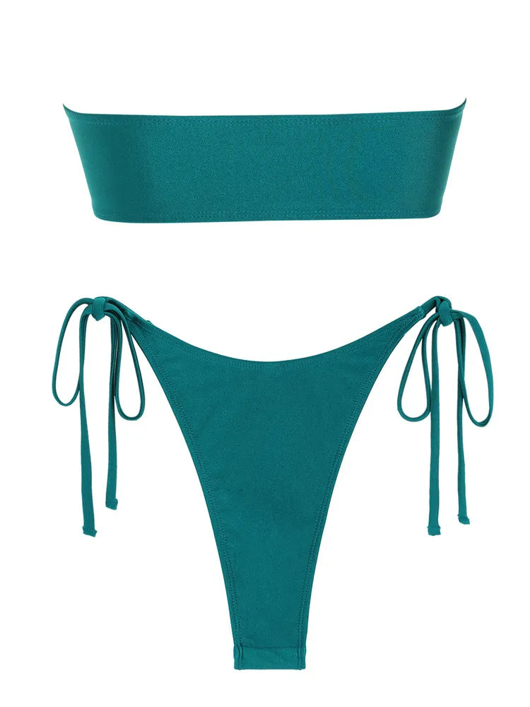 Solid O Ring Swimsuit For Women Tie Side Shiny Metal Hardware Ring Bandeau Bikini Swimwear Padded Bra Top Low Waisted