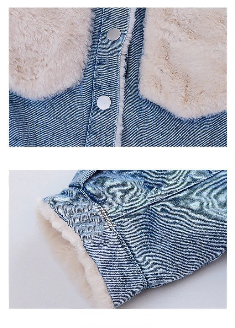 Fall Kids Jean Vest Fleece Thermal Faux Fur Vest Girls Jackets Winter Clothes Toddler Casual Denim Solid Color Baby Girl Jackets