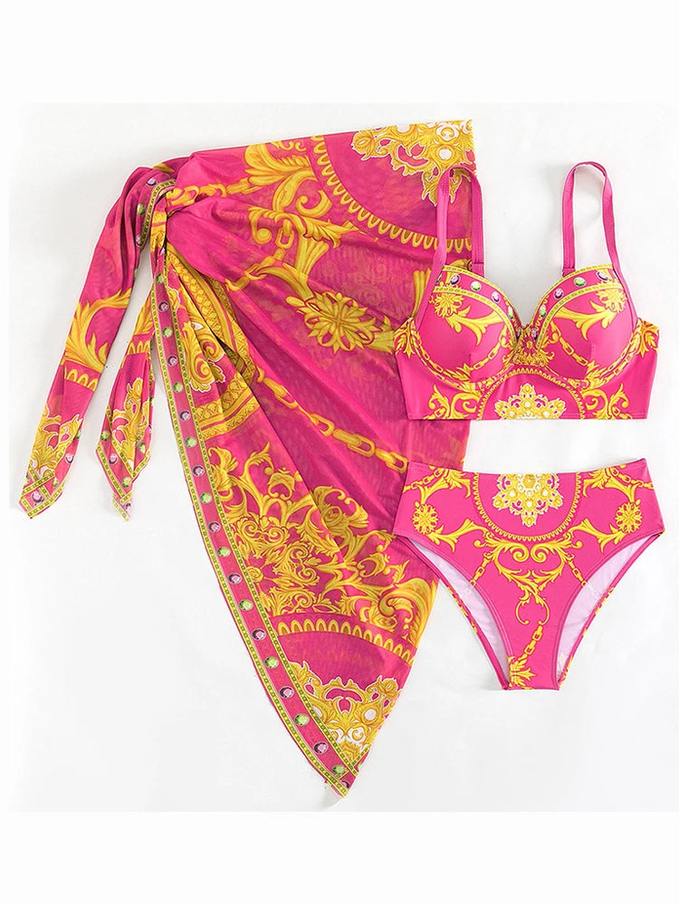 Sexy Print 3 Piece High Waist Skirt Bikini Set Swimwear Women Strapped Push UP Swimsuit Summer Bathing Suit
