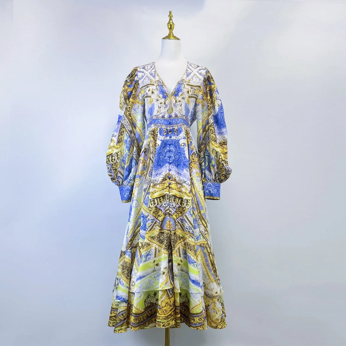 Designer stylish mini floral blue v-neck dress lantern sleeve buttons A-line fashion boho vintage vestidos clothing new