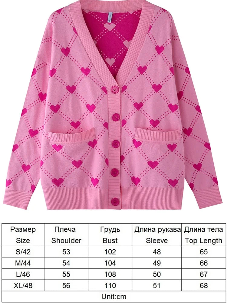 Women's Knitted Cardigans Female V-neck Heart Pattern Sweaters Loose Casual Pockets Knitwear Kawaii Jumpers Top