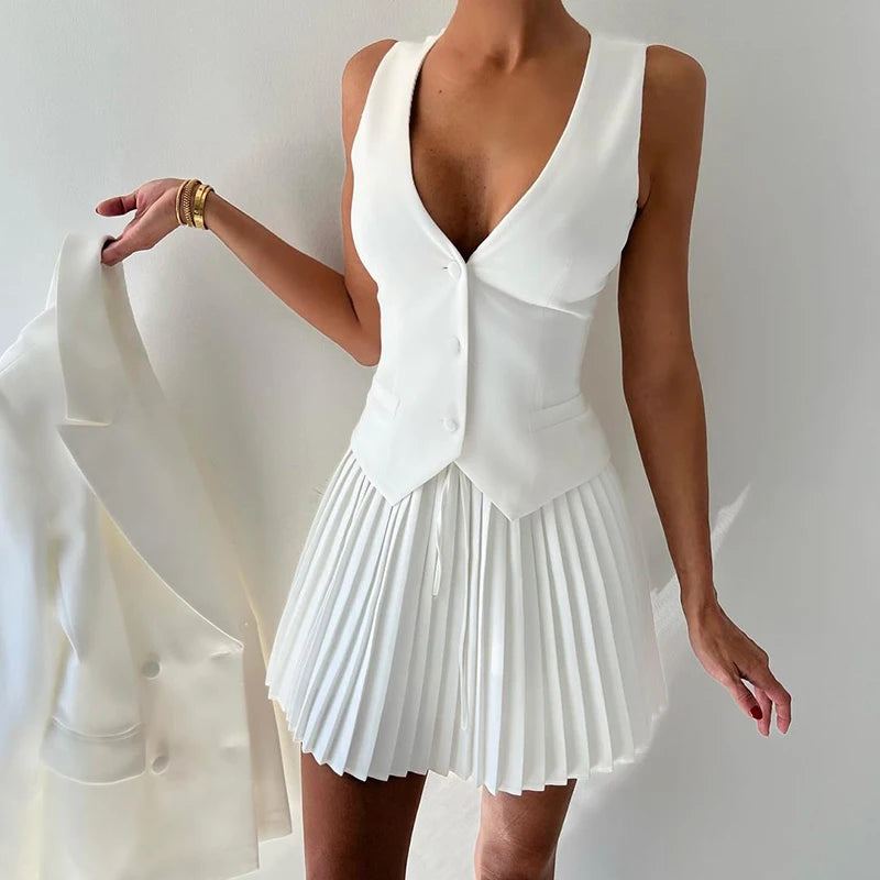 Sexy V-neck Pleated Women Skirt Suit Single Breasted Top Mini Skirt Female Summer Skinny Casual Two Piece Sets 2025
