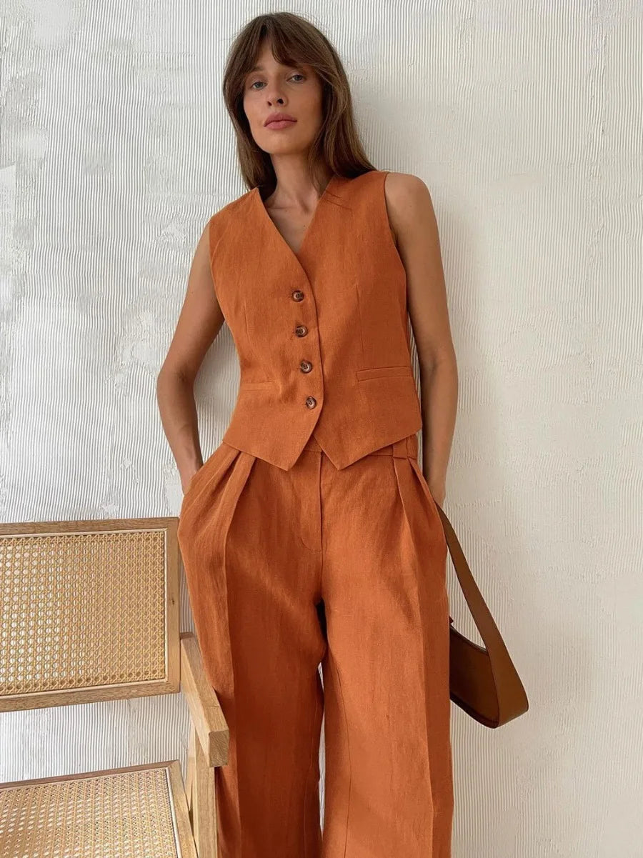Bronladies Women Linen Cotton Chic Vest & Pants Suit Two-Piece Set Office Ladies Summer Chic 2 Piece Sets Womens Outfits