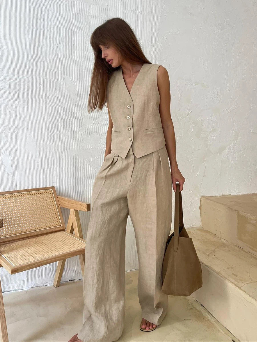 Bronladies Women Linen Cotton Chic Vest & Pants Suit Two-Piece Set Office Ladies Summer Chic 2 Piece Sets Womens Outfits
