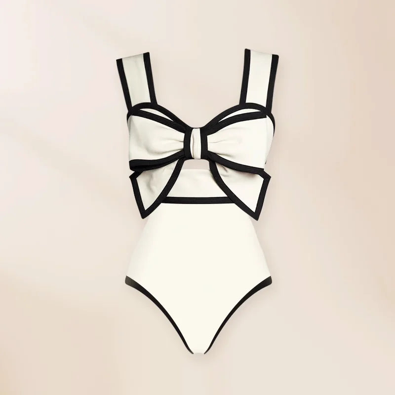 New Swimsuit High-end Niche Design Black and White Bow Slimming Holiday Sexy Hot Spring One Piece Swimsuit for Women