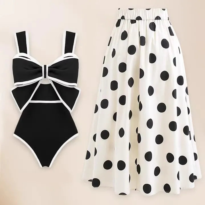 New Swimsuit High-end Niche Design Black and White Bow Slimming Holiday Sexy Hot Spring One Piece Swimsuit for Women