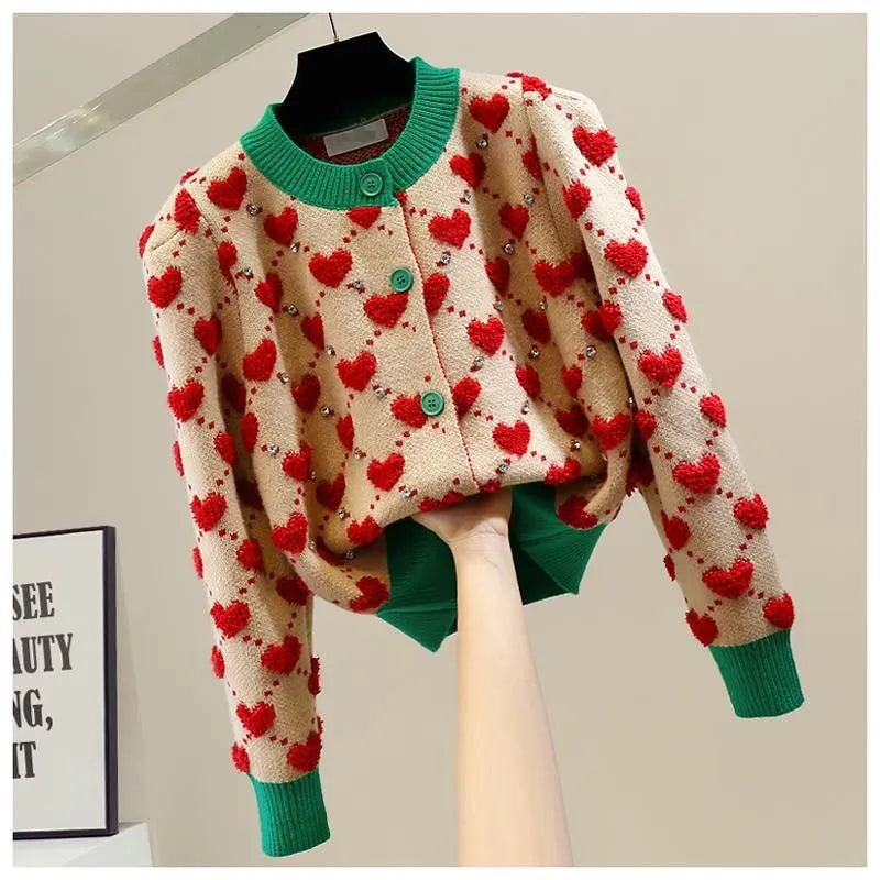 Heart Argyle Diamonds O-Neck High Street Kawaii Knitted Women's Sweaters Long Sleeve Buttons Short Jumpers Female Cardigans