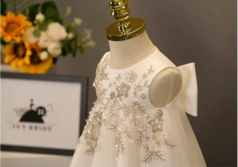 kids Flower Girl Dress for Wedding Party Toddlers Sleevess Sequined with Bow White Dresses Christening Outerwear