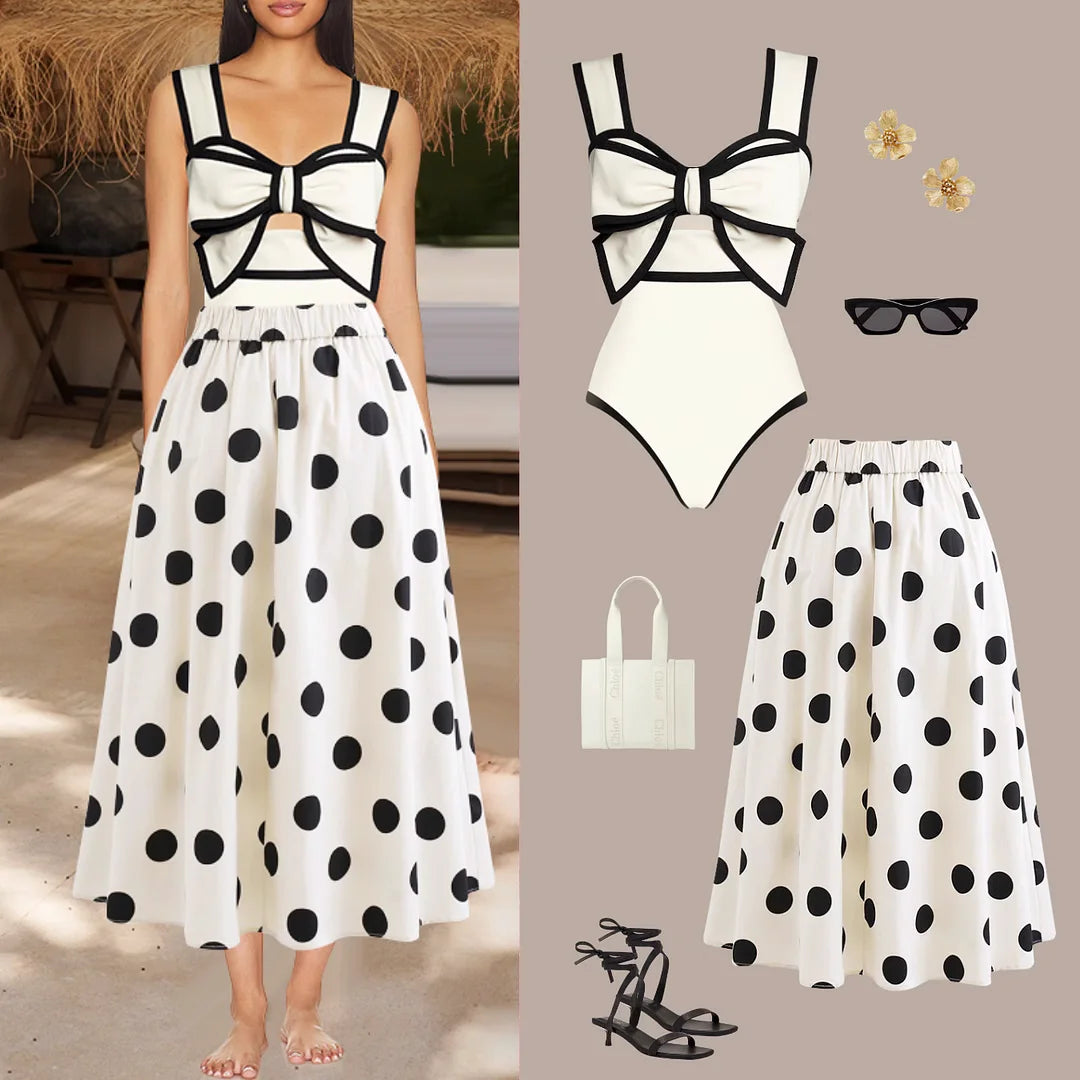 New Swimsuit High-end Niche Design Black and White Bow Slimming Holiday Sexy Hot Spring One Piece Swimsuit for Women