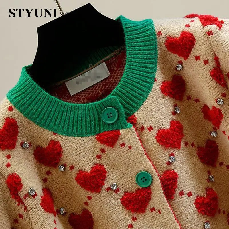Heart Argyle Diamonds O-Neck High Street Kawaii Knitted Women's Sweaters Long Sleeve Buttons Short Jumpers Female Cardigans