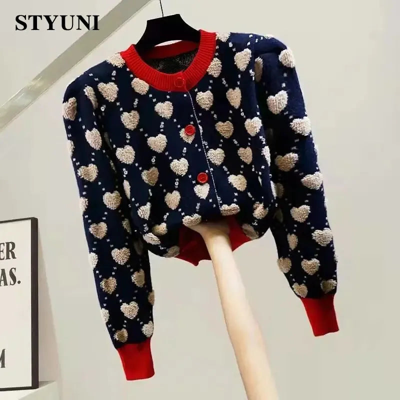 Heart Argyle Diamonds O-Neck High Street Kawaii Knitted Women's Sweaters Long Sleeve Buttons Short Jumpers Female Cardigans
