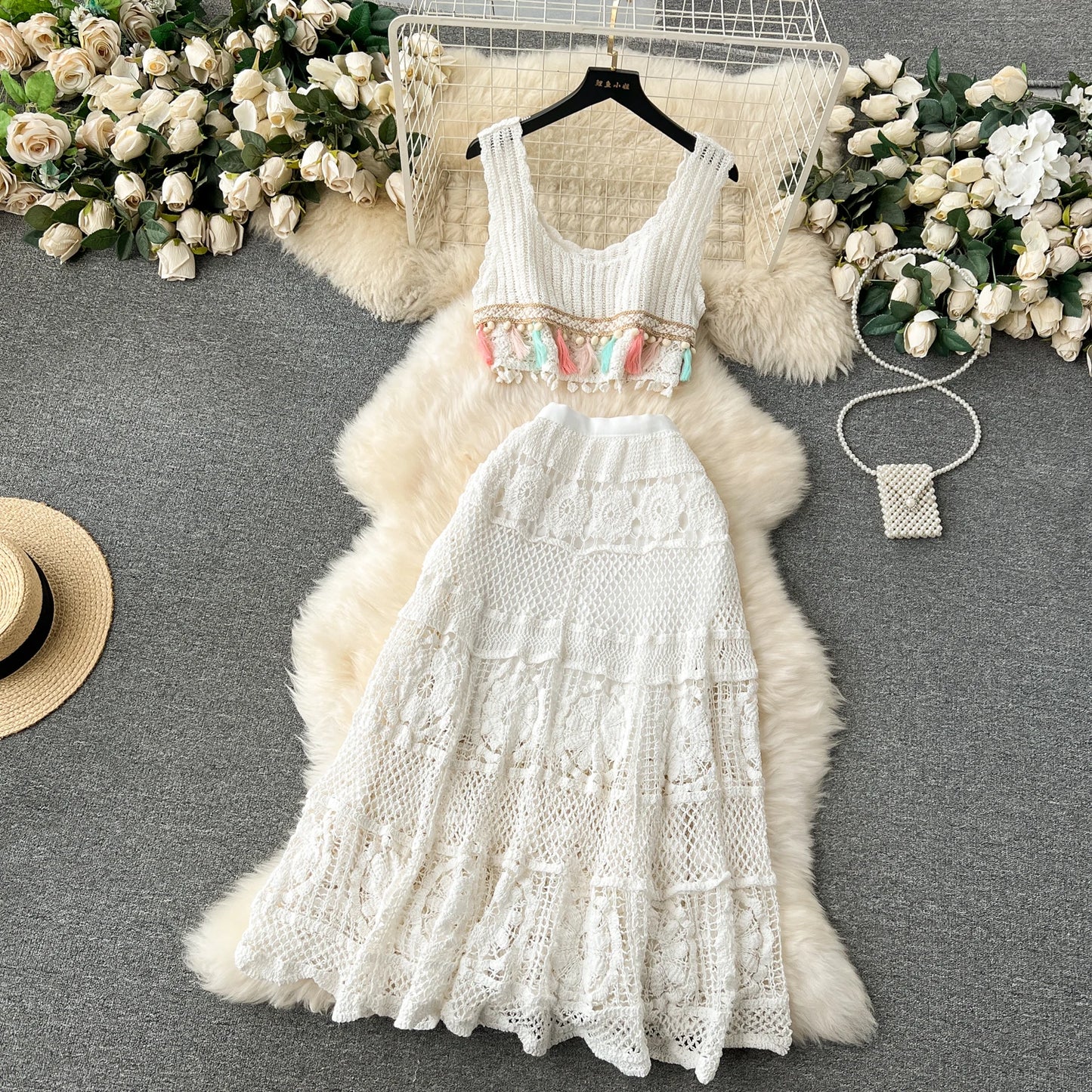Bohemian Vintage Knit Suits Tank Tassels Crop Tops+Loose Hooked Hollow Out Skirt Fashion Women Summer Chic Beach Sets