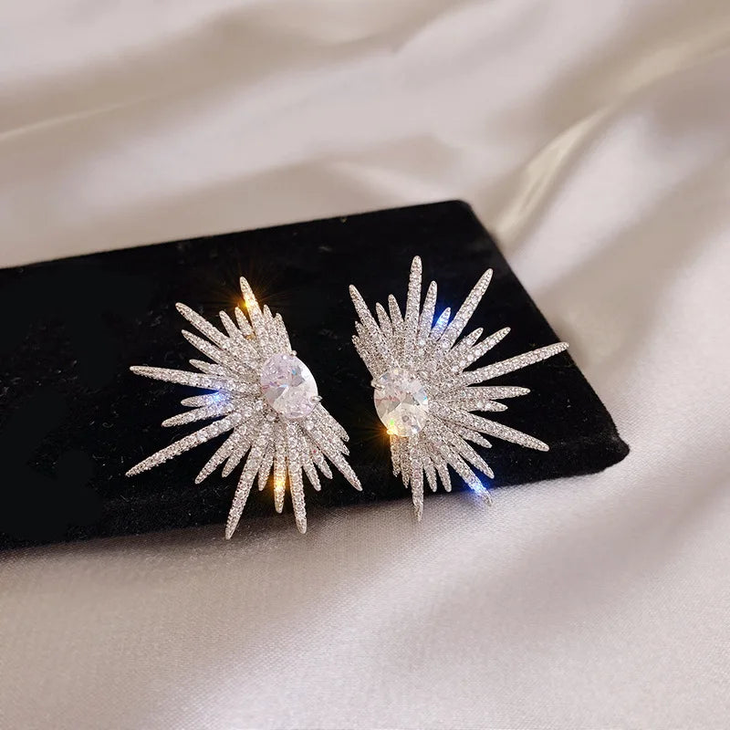 Fashion Silver Color Big Luxury Stud Earrings With Full Zircon Stone For Women Fashion Jewelry Earrings
